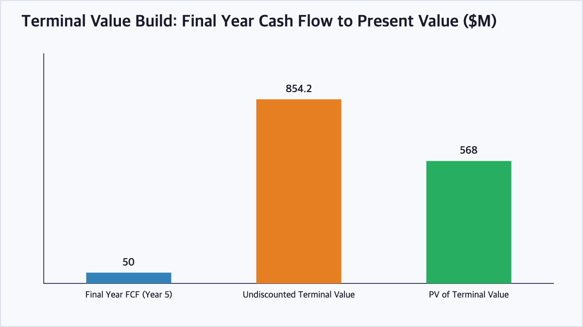 Bar chart showing the final year cash flow, undiscounted terminal value, and present value of terminal value