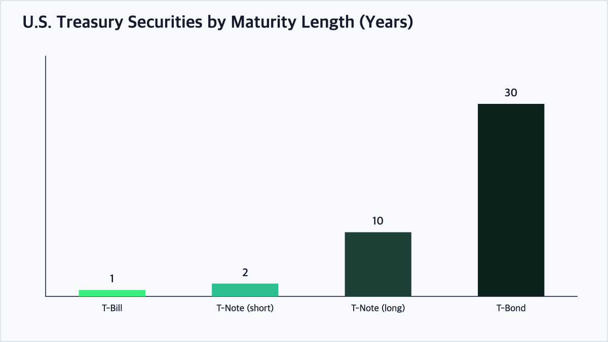 Bar chart comparing maturity lengths of Treasury bills, notes, and bonds