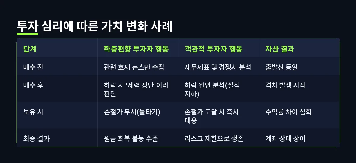 투자 심리에 따른 가치 변화 사례 (확증편향)