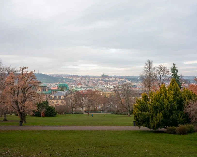 Looking down from the high vantage point at Letná Park, one can see all the bridges of Prague spanning the Vltava River.
