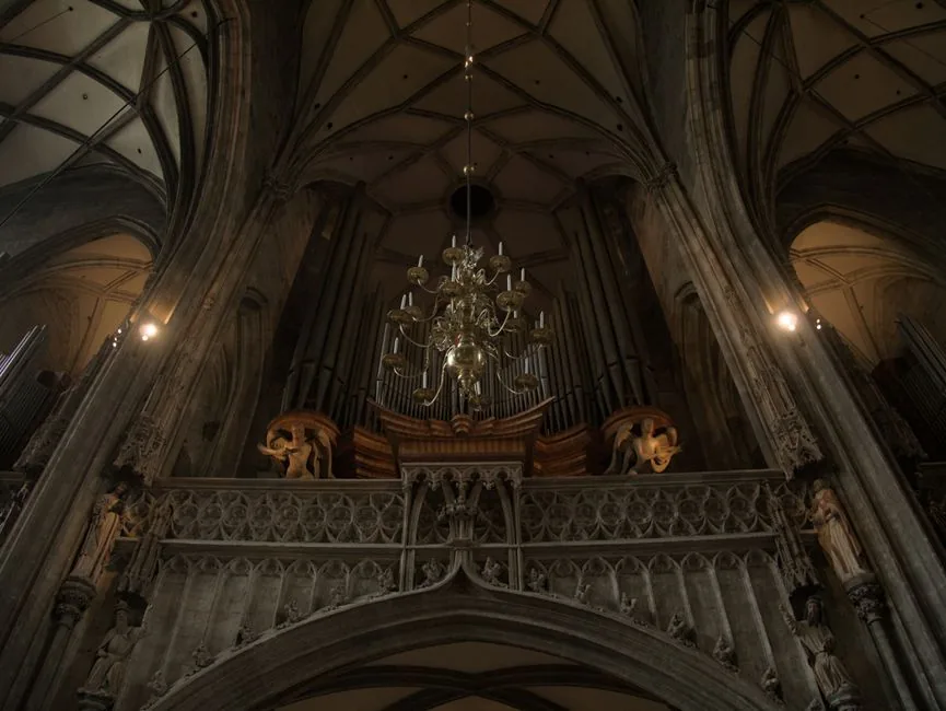 St. Stephen's Cathedral in Vienna features intricate Gothic stone carvings and soaring vaulted ceilings.