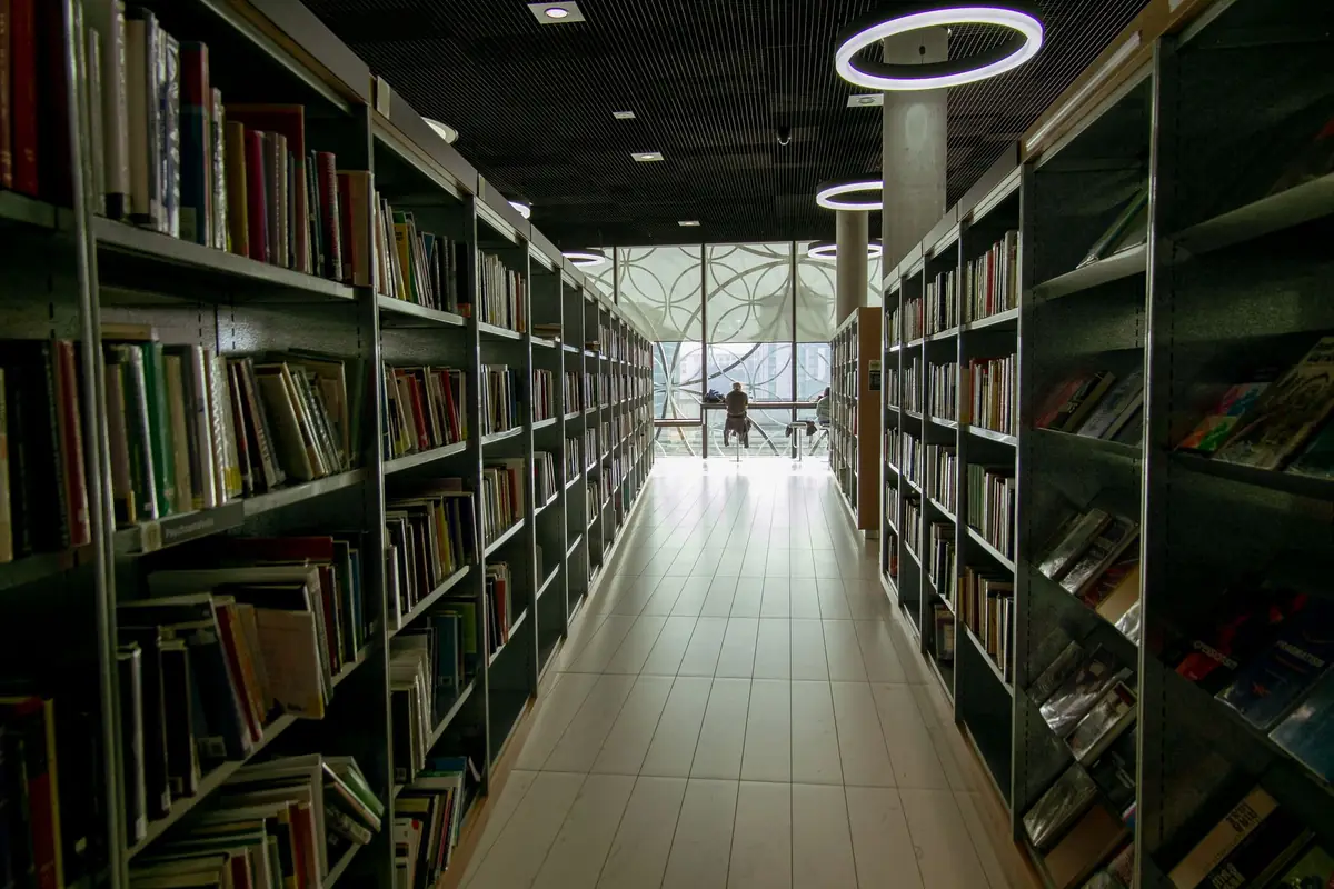 Massive floor-to-ceiling bookshelves stacked with thousands of books inside the Forest of Wisdom.