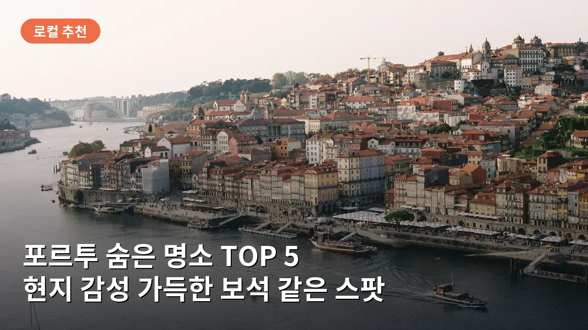 포르투의 강변과 붉은 지붕 가옥들이 어우러진 평화로운 전경을 담은 풍경입니다.