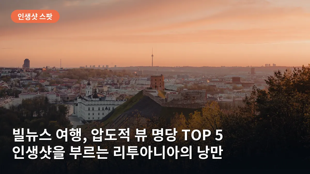 게디미나스 타워에서 내려다본 빌뉴스 구시가지의 붉은 지붕들과 노을이 어우러진 파노라마 뷰입니다.