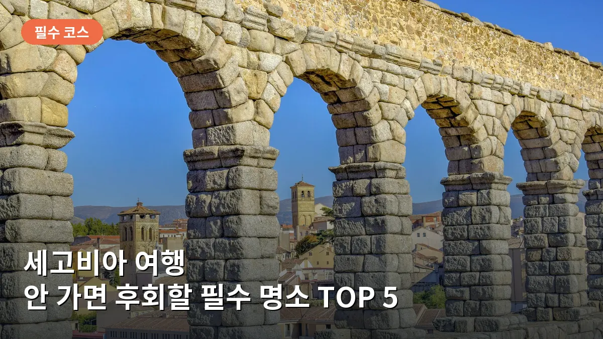 세고비아의 상징인 로마 수도교가 도시 건물을 가로지르며 압도적인 위용을 자랑하고 있습니다.