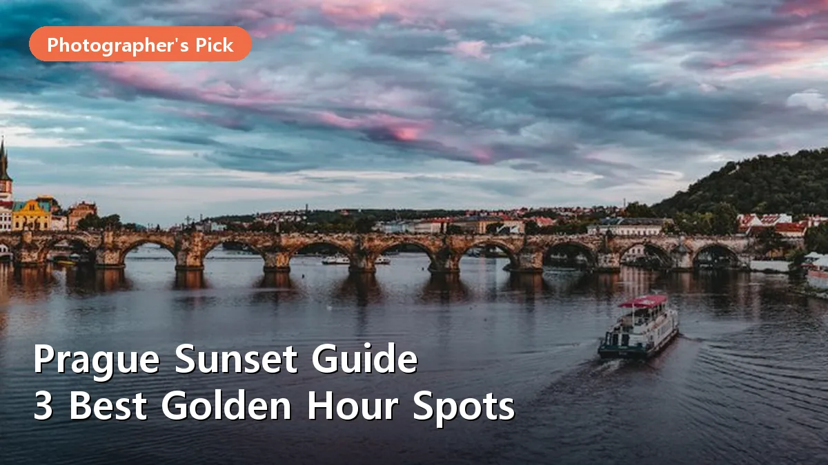 The historic Charles Bridge in Prague glows in warm golden light as the sun dips behind the city spires.