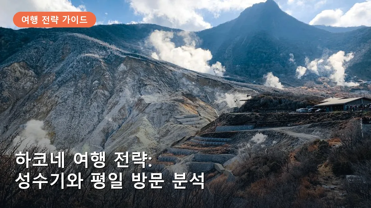 하코네 오와쿠다니 계곡의 화산 분기 현장으로, 유황 연기가 솟아오르는 이색적인 풍경을 담고 있습니다.