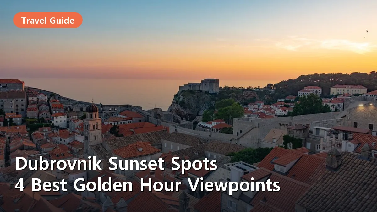 A stunning wide-angle view of the Dubrovnik Old Town rooftops glowing in the warm light of the setting sun.