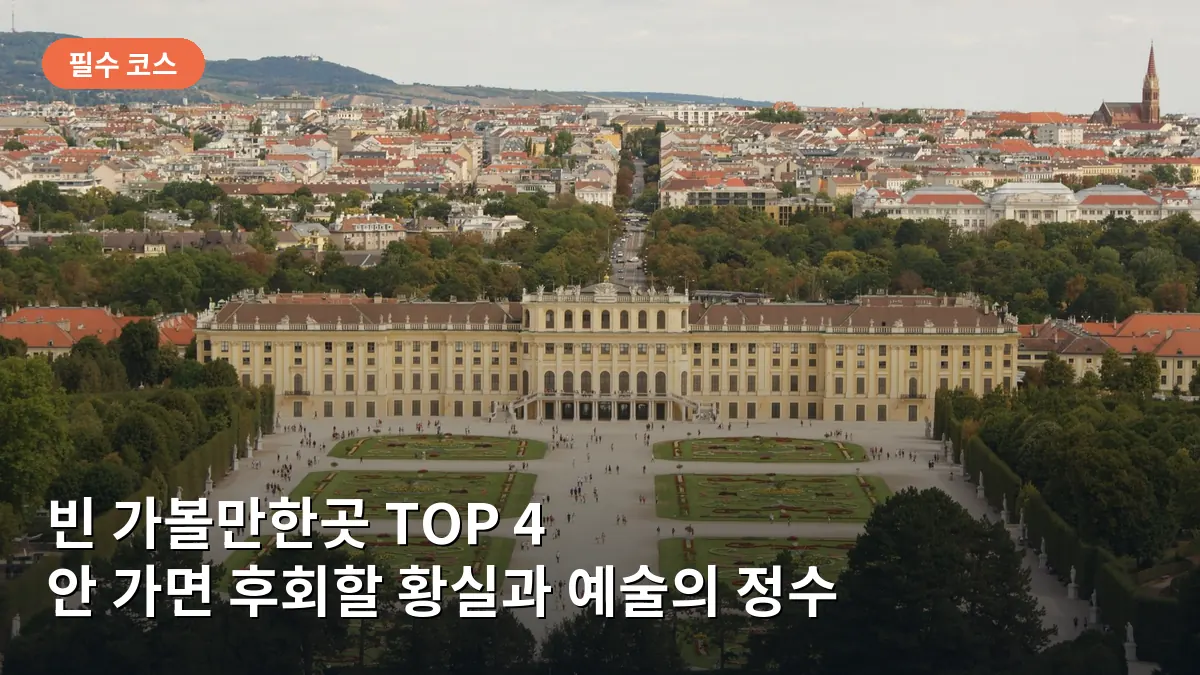 빈 쇤브룬 궁전의 넓게 펼쳐진 바로크 양식 정원과 언덕 위 글로리에테가 보이는 전경입니다.