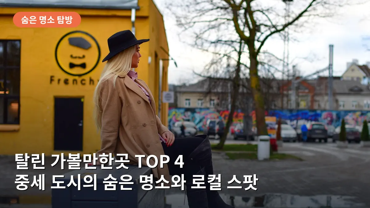 탈린 텔리스키비 지역의 예술적인 벽화와 현대적인 카페가 어우러진 거리 풍경입니다.