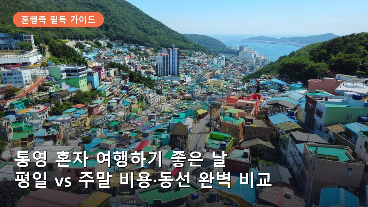 통영의 대표 명소인 동피랑 벽화마을에서 내려다본 한적한 바다 풍경입니다.