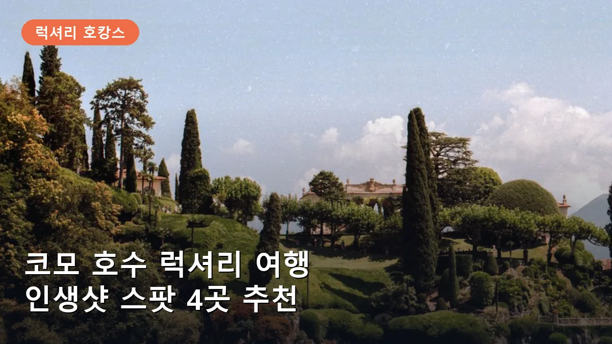 빌라 델 발비아넬로의 정원에서 바라본 코모 호수의 아름다운 전경입니다.