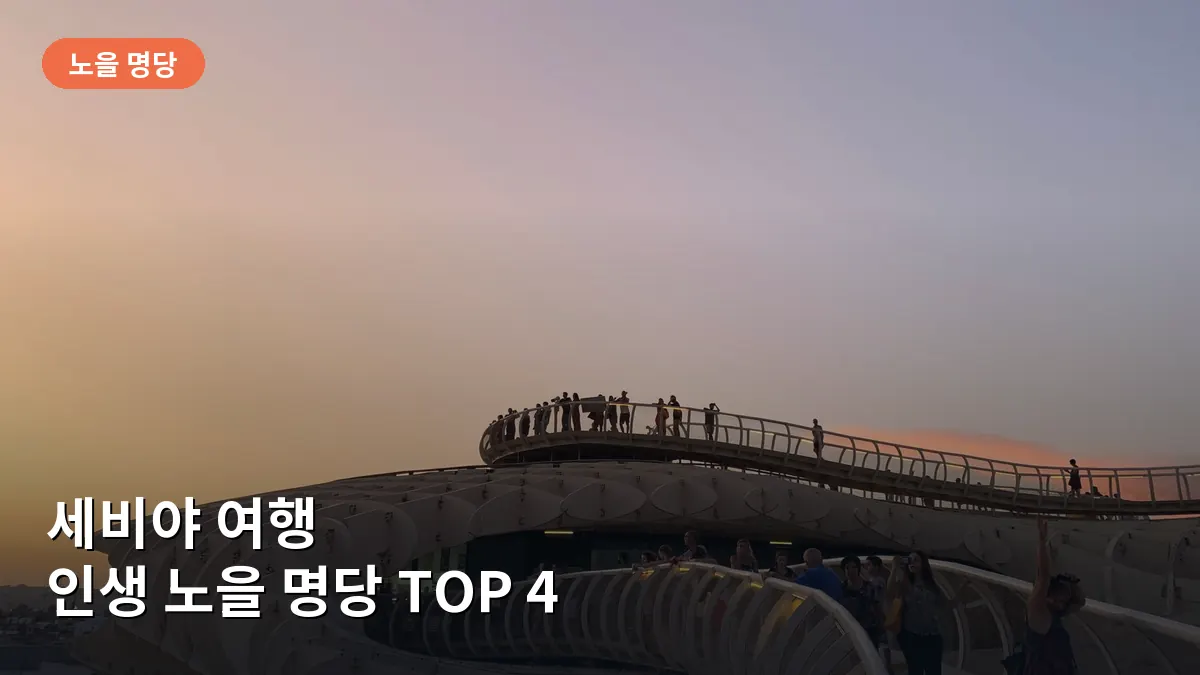 세비야의 상징인 메트로폴 파라솔에서 도시 전체를 내려다보는 황금빛 일몰 풍경입니다.